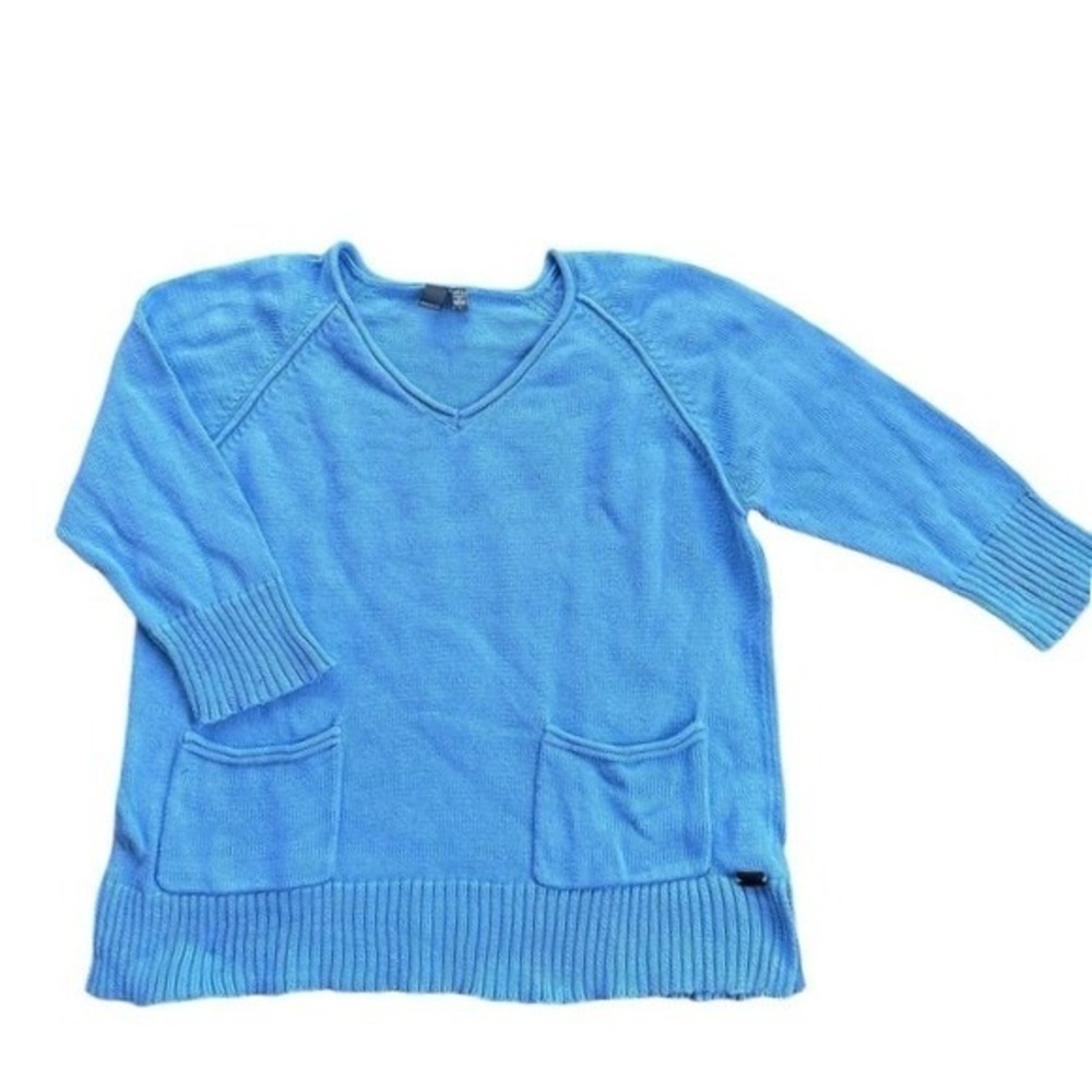 Shannon Passero V-Neck Cotton Knit Sweater Women Large Blue Excellent 3/4 Sleeve